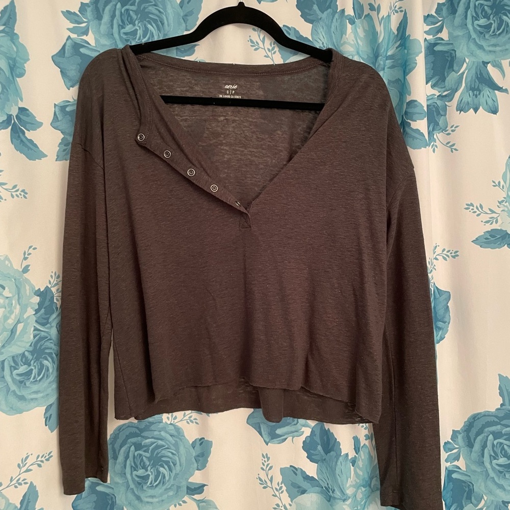 AE Henley Top Heather Gray Sheer Minimalist Aerie American Eagle